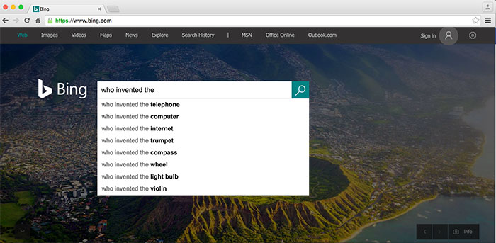 The Bing interface showing the search term 'who invented the' and a list of search suggestions below
